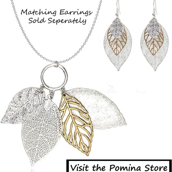 Gold Silver Two Tone Filigree Fall Leaf Pendant Long Necklace Chic Sweater Chain - Picture 7 of 9